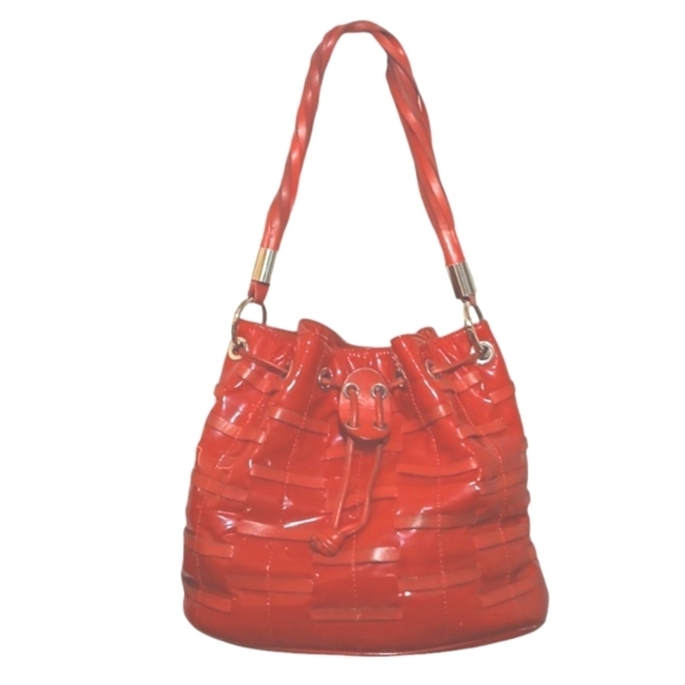 Angelo Carbotti Red Patent Leather Woven Drawstring Shoulder Bag